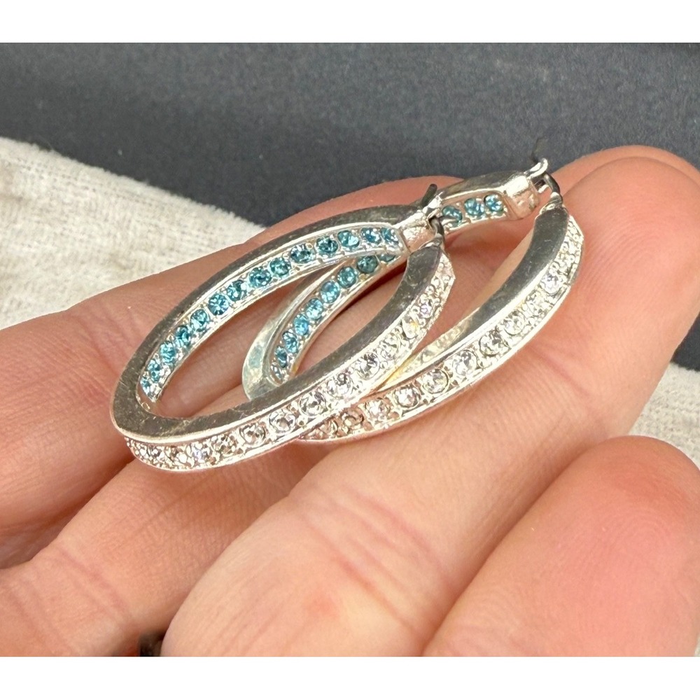 Vintage Avon Hoop Earrings Blue White Rhinestone Silver Tone Two Tone Signed